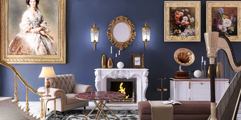 a living room with a fireplace, a painting, and a painting of a cat 