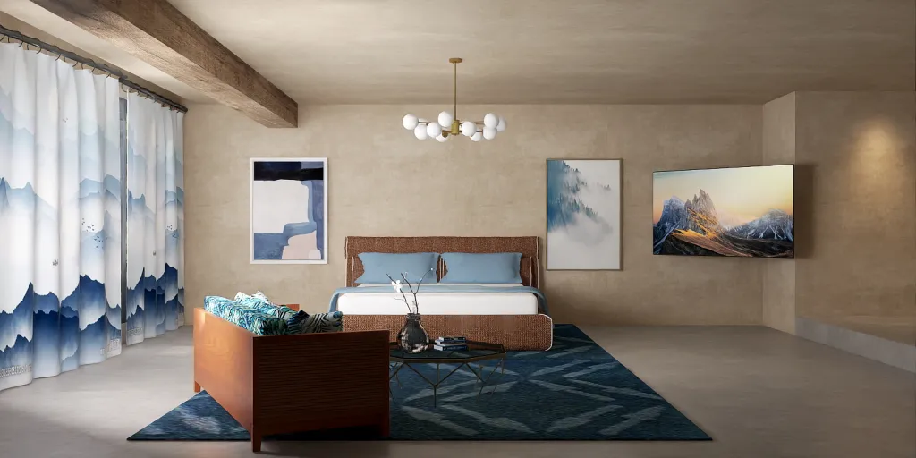 a bedroom with a bed, desk, and a painting on the wall 