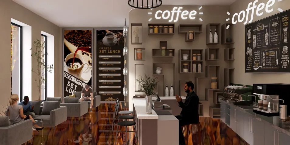 cozy coffee shop interior design showcasing seating arrangements and decor elements with a modern style, optimized for customer relaxation using Homestyler's real-time 3D rendering feature.