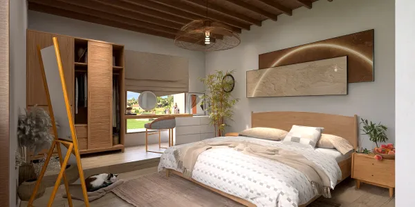 modern bedroom design featuring a light wood bed and wardrobe, showcasing a serene atmosphere and natural lighting, incorporating Homestyler's real-time 3D rendering for an effective interior decor preview.