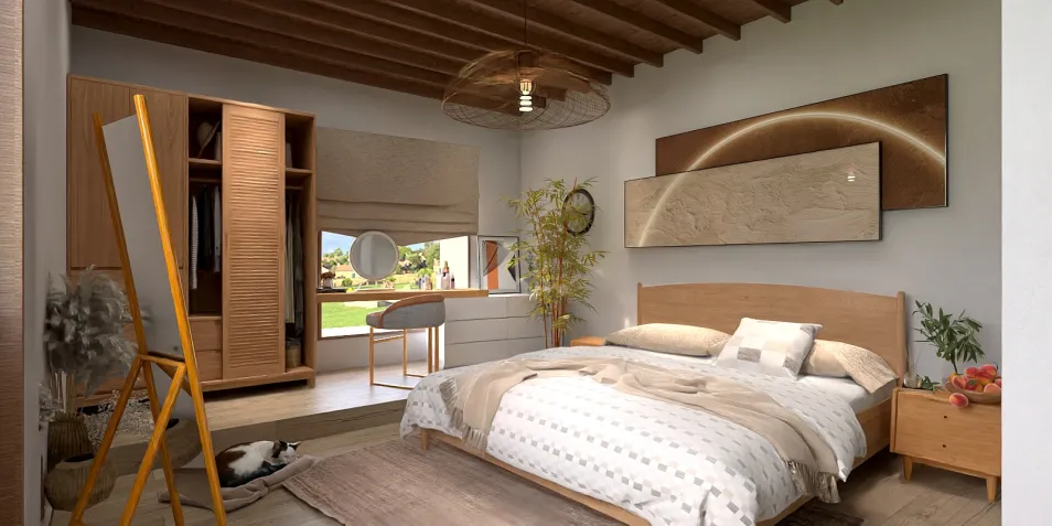 modern bedroom design featuring a light wood bed and wardrobe, showcasing a serene atmosphere and natural lighting, incorporating Homestyler's real-time 3D rendering for an effective interior decor preview.