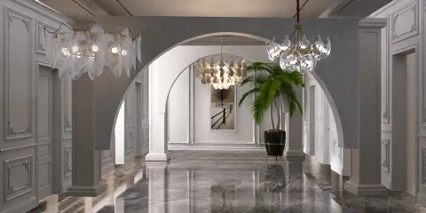 Elegant corridor featuring modern chandeliers and a large indoor plant, showcasing a luxurious design style, highlighting interior decor with Homestyler's real-time 3D rendering.