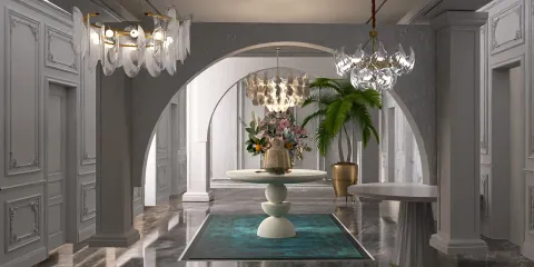 elegant entryway featuring a round table with a floral arrangement and decorative lighting, showcasing a luxurious modern style, emphasizing interior decor optimization using Homestyler's real-time 3D rendering feature.