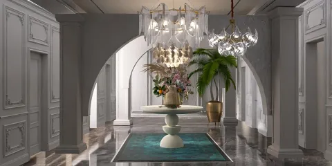 elegant foyer featuring a modern chandelier and decorative table with a floral arrangement in a luxurious style showcasing interior decor options, utilizing Homestyler's real-time 3D rendering feature