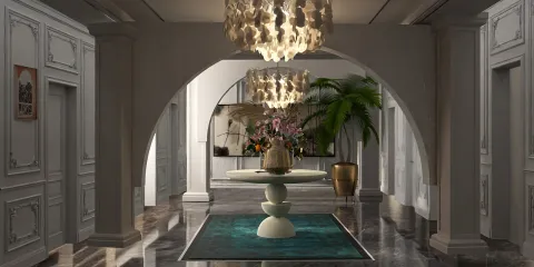Elegant foyer design featuring a decorative table and chandeliers enhancing the luxury ambiance, showcasing refined interior decor with Homestyler's real-time 3D rendering.
