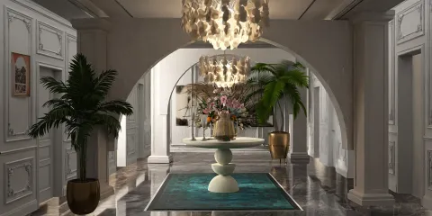 luxurious entrance hall featuring an elegant round table with decorative items and vibrant floral arrangements, highlighted by stylish pendant lighting, showcasing classic interior decor style, utilizing Homestyler's real-time 3D rendering functionality.