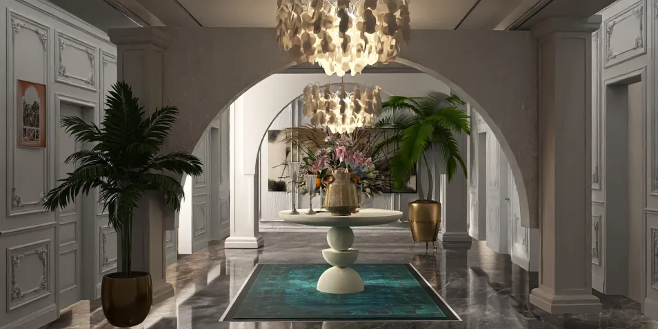 luxurious entrance hall featuring an elegant round table with decorative items and vibrant floral arrangements, highlighted by stylish pendant lighting, showcasing classic interior decor style, utilizing Homestyler's real-time 3D rendering functionality.