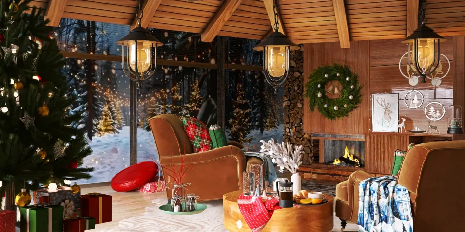 Cozy living room decorated for Christmas with a fireplace and festive ornaments, showcasing interior design elements for holiday ambiance, featuring Homestyler's smart furniture arrangement for optimizing small spaces.