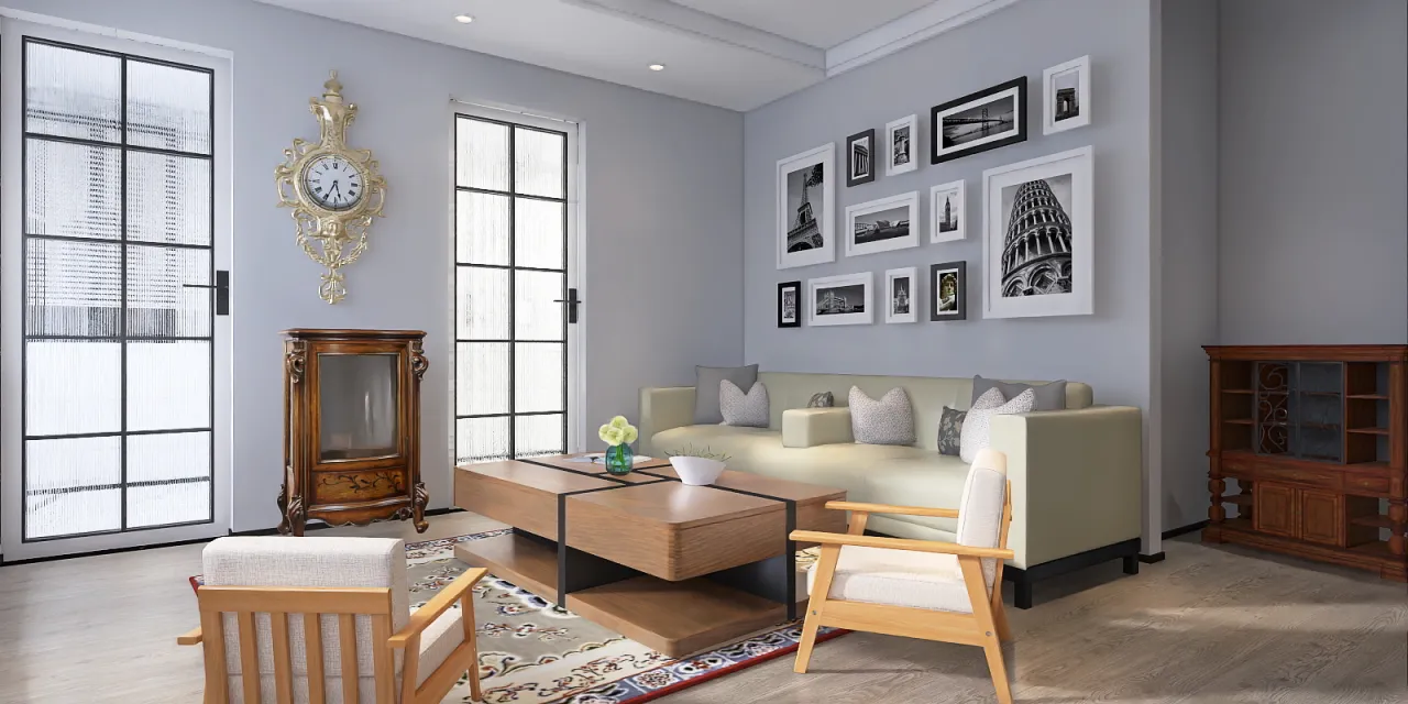 a living room with a large clock on the wall 