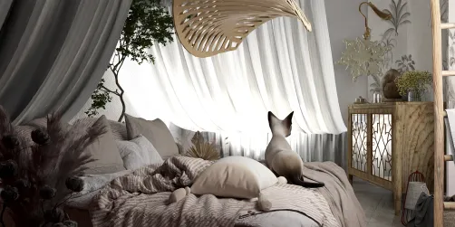 Cozy bedroom design featuring a cat gazing out the window, showcasing soft textiles and natural elements in a modern style, highlighting Homestyler's real-time 3D rendering capabilities.