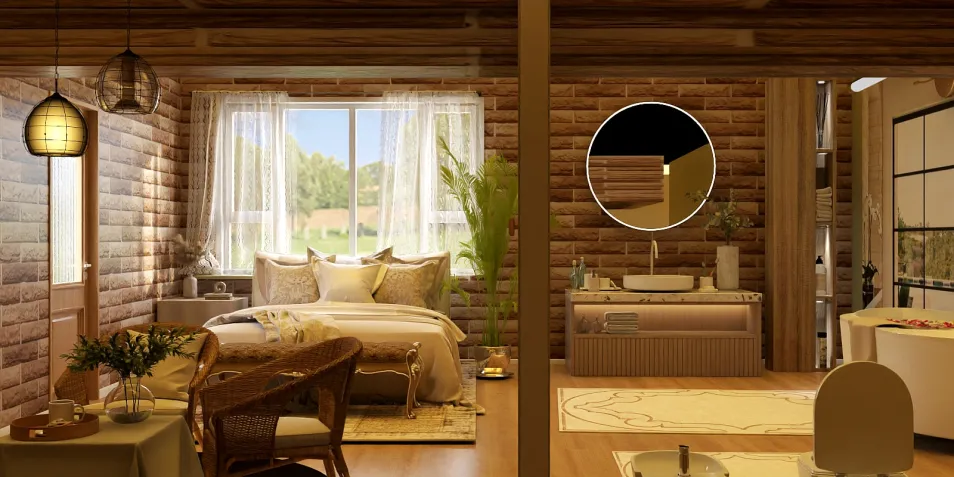 bedroom with natural wood elements featuring tranquil design enhance spatial value using Homestyler's real-time 3D rendering for effective interior decor visualization.
