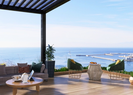 a terrace top sitting area with a bay view  Design Rendering