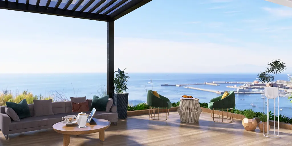 a patio with a view of the ocean and a balcony 