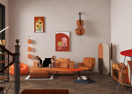 Orange themed living room Design Rendering