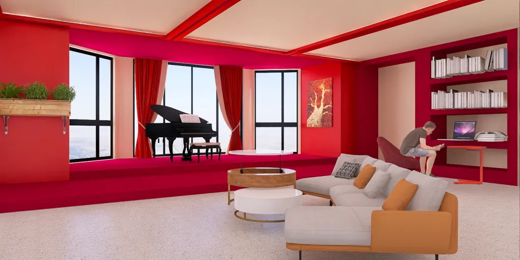 a living room with a couch, chair, and a piano 