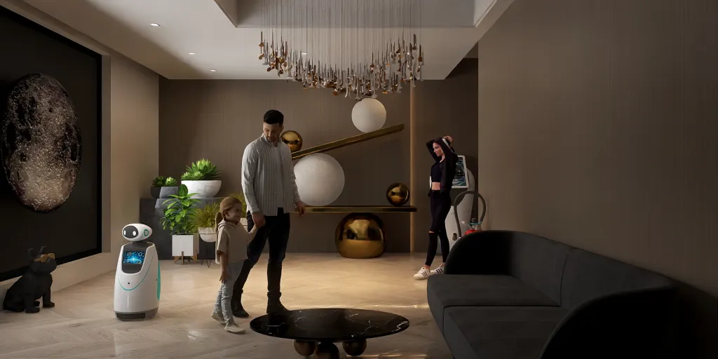 a man standing in a living room next to a woman 