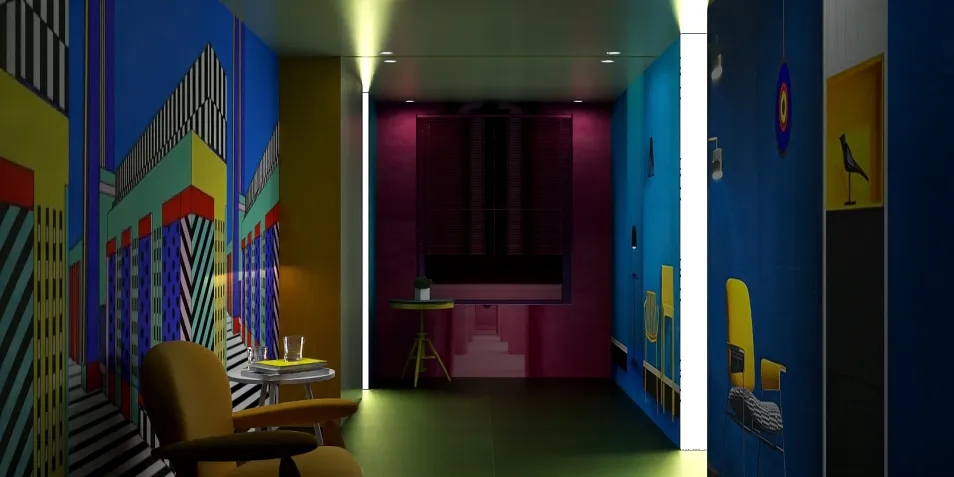 vibrant hallway design featuring colorful geometric wall murals, showcasing modern art style, enhancing spatial aesthetics with Homestyler's real-time 3D rendering functionality