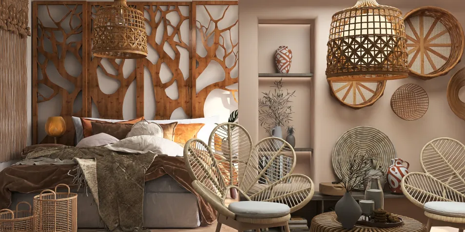 Stylish bedroom with natural wood decor and woven light fixtures, showcasing a bohemian style for a cozy and inviting atmosphere, featuring interior decor ideas using Homestyler's real-time 3D rendering.