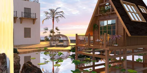 3D-rendered wooden house overlooking a serene pond with lily pads, showcasing an outdoor living space in a modern rustic style, utilizing Homestyler's real-time 3D rendering feature.