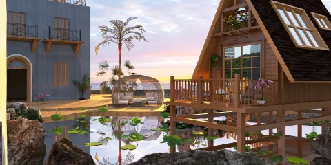 Tropical wooden house design showcasing outdoor lounging area by a serene pond at sunset, featuring realistic 3D rendering for landscape optimization using Homestyler.