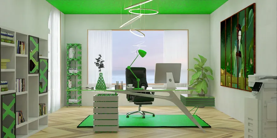 a living room with a green wall and a green floor 