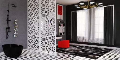Black white and red bathroom