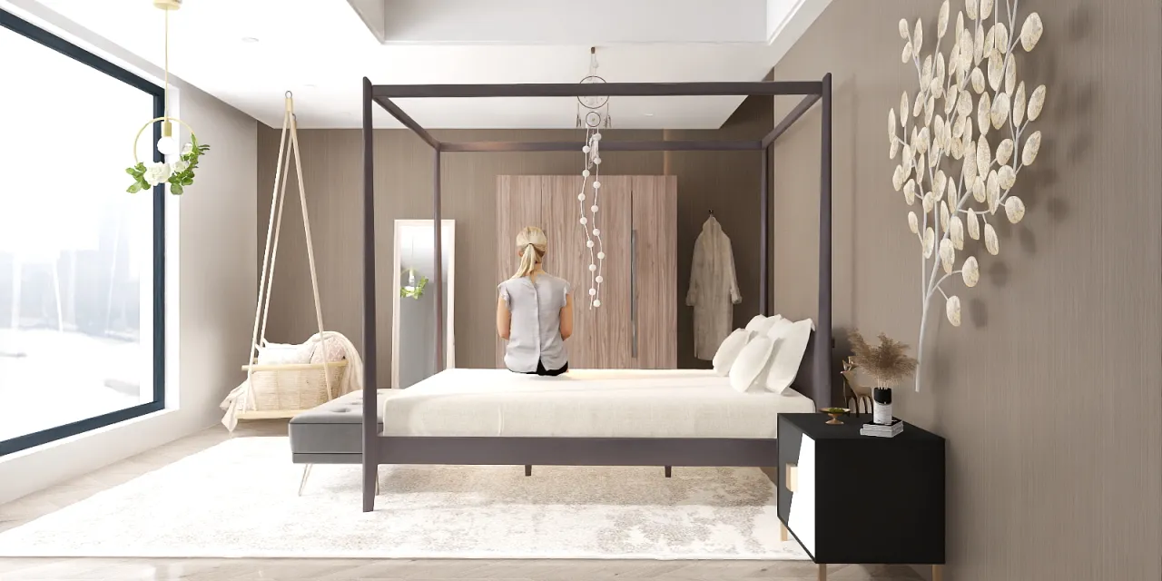 a bedroom with a bed, dresser, and a mirror 