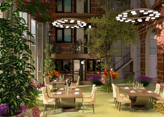 Apartment building, indoor garden dining area Design Rendering