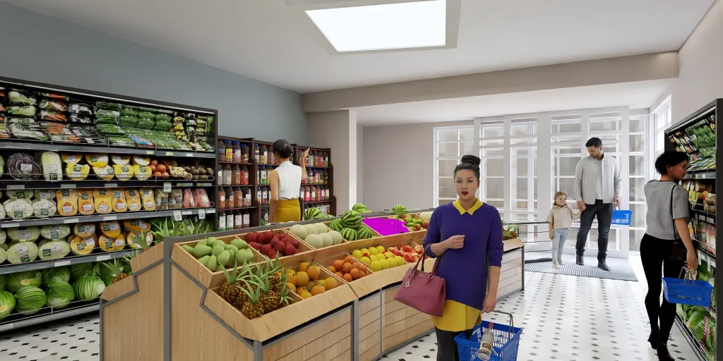 a woman standing in a store with a bunch of fruits 