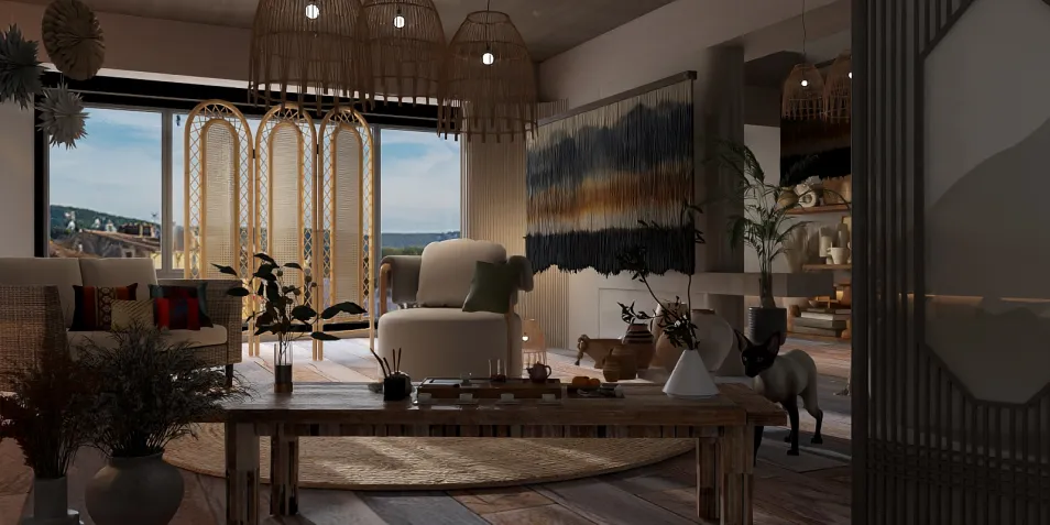 modern living room design showcasing a cozy atmosphere with a wooden coffee table and natural decor elements, utilizing Homestyler's real-time 3D rendering feature for an immersive visual preview.