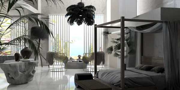 luxurious bedroom with a canopy bed featuring modern decor elements and tropical plants, showcasing high-end interior design using Homestyler's real-time 3D rendering capability.