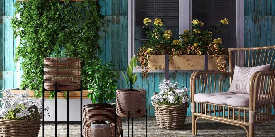 a collection of woven plant pots featuring various plants and flowers in a botanical setting, creating a cozy garden atmosphere with a rustic charm, interior decor concept for green space optimization using Homestyler's smart furniture arrangement feature.