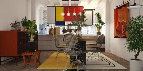 Seguindo a linha cubista,cozinha em vermelho e amarelo