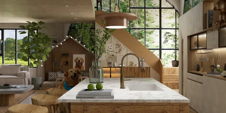 modern kitchen design showcasing a cozy layout with a marble countertop and wooden cabinetry, enhancing the space's functionality while using Homestyler's real-time 3D rendering for effective design previews.