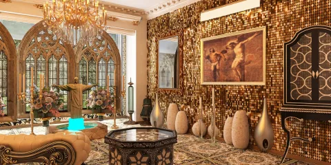 luxurious living room featuring a golden mosaic wall and ornate decor, showcasing a rich interior design style; highlights the use of Homestyler's real-time 3D rendering for a detailed preview of the space.