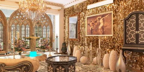 luxurious living room interior design with a gold sequined wall, showcasing a modern chandelier and elegant furnishings, emphasizing beauty and warmth, featuring Homestyler's real-time 3D rendering functionality.