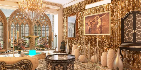 luxurious living room featuring mosaic tile decor and golden accents showcasing real-time 3D rendering for interior design visualization using Homestyler.