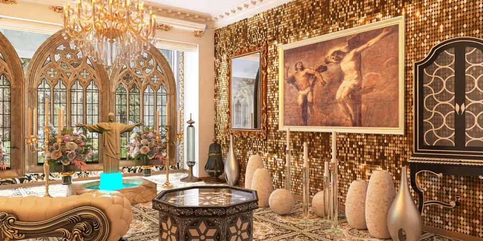 luxurious living room featuring ornate gold mosaics and elegant furnishings, showcasing a vibrant interior design style, utilizing Homestyler's real-time 3D rendering for an accurate visual preview.