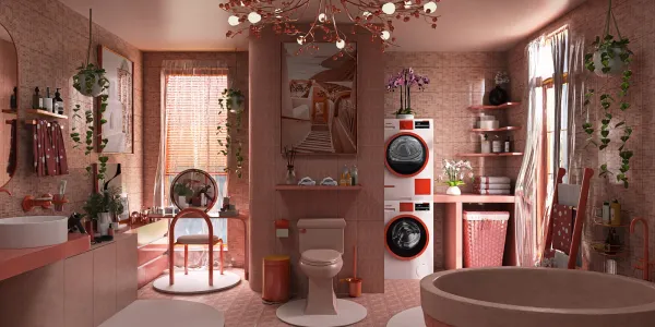 modern bathroom design featuring a pink color palette with stylish fixtures and plants, focusing on interior decor aesthetics, showcasing Homestyler's real-time 3D rendering functionality.