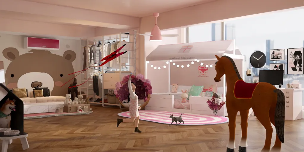 a display of a horse and a doll in a room 