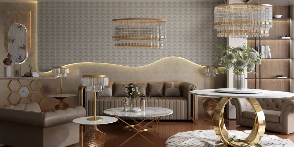 Luxurious living room with elegant decor featuring a modern sofa and chandelier, showcasing an opulent style in interior design, leveraging Homestyler's real-time 3D rendering for quick visualization.