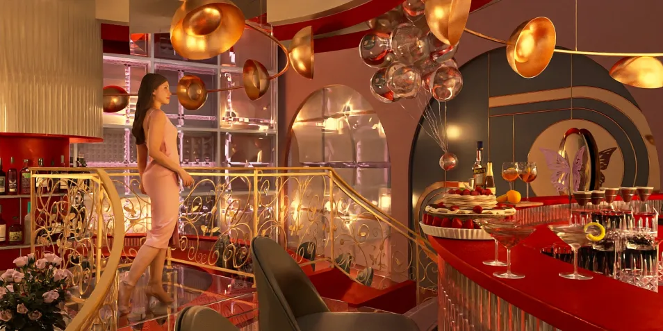woman walking in a stylish bar with gold accents and modern furnishings, interior design showcasing a vibrant retro style, featuring Homestyler's real-time 3D rendering for effective design visualization.
