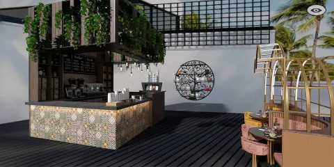 Modern café interior featuring a wooden bar with patterned tile, lush greenery overhead, and decorative wall art, showcasing interior decor ideas using Homestyler's real-time 3D rendering feature.