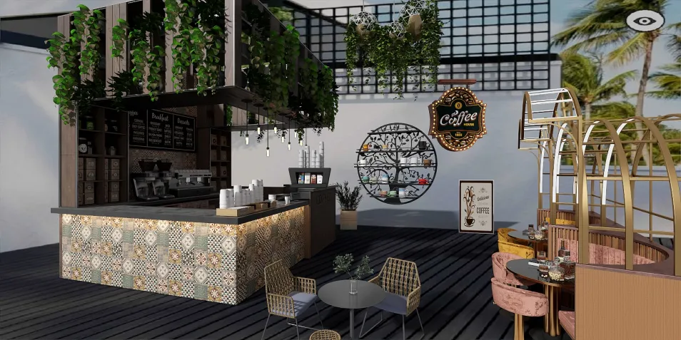 modern coffee shop interior design featuring a stylish bar area with greenery, optimized for small space arrangements using Homestyler's smart furniture layout function