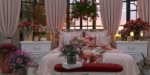 Floral bedroom at dusk