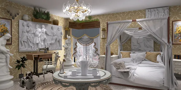 luxurious bedroom with canopy bed and ornate decor, showcasing elegant interior design style, featuring Homestyler's real-time 3D rendering functionality for visualizing design proposals