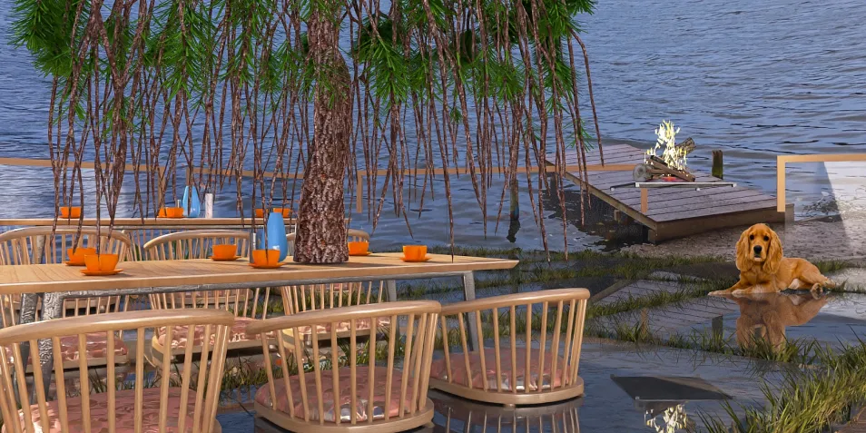 outdoor dining area with wooden chairs arranging, featuring a serene lakeside view, designed for effective space usage using Homestyler's real-time 3D rendering feature.