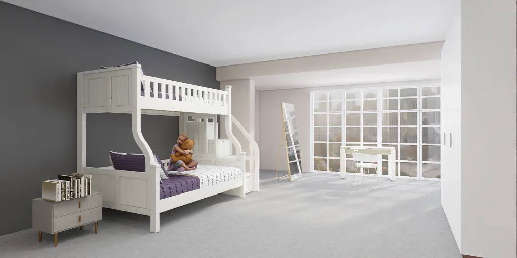 a small child's bedroom with a bed and a chair 
