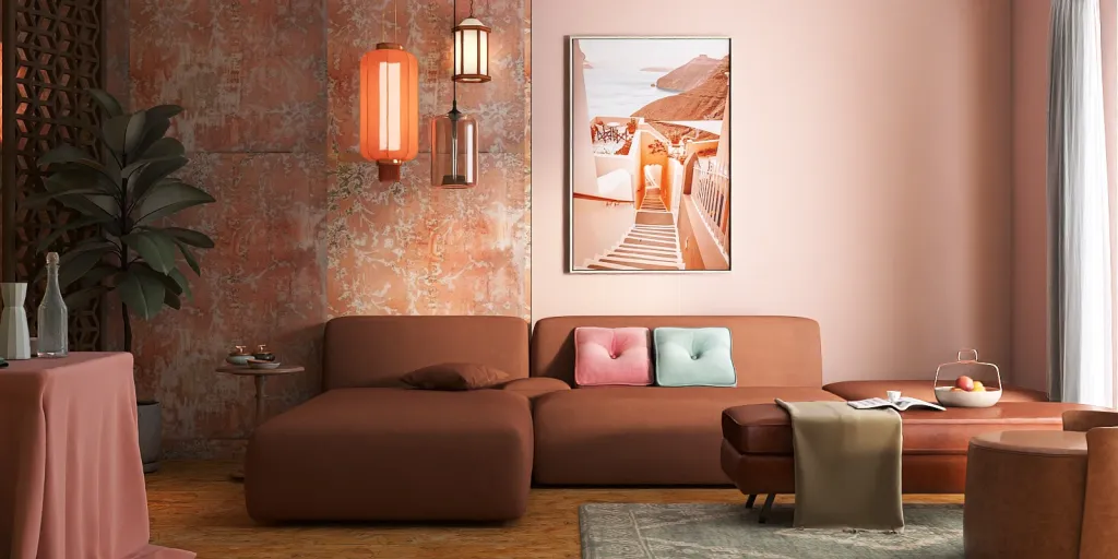 a living room with a couch, chair, and a lamp 
