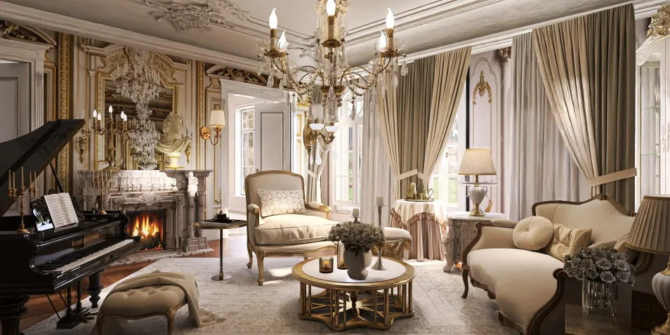 luxurious living room featuring elegant furniture arrangement in classic style with ornate decor, showcasing interior design concepts using Homestyler's 3D rendering capabilities.